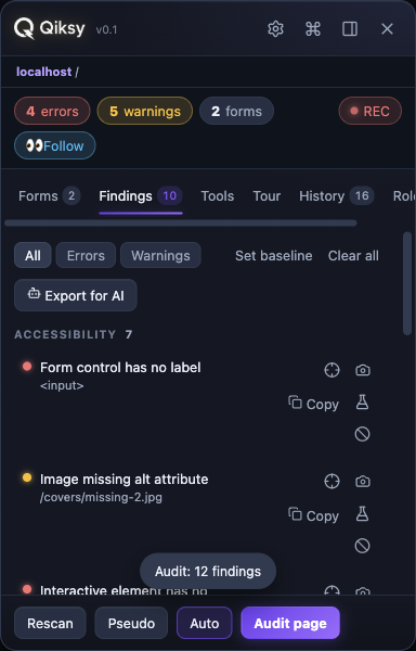 Qiksy Findings tab — live errors