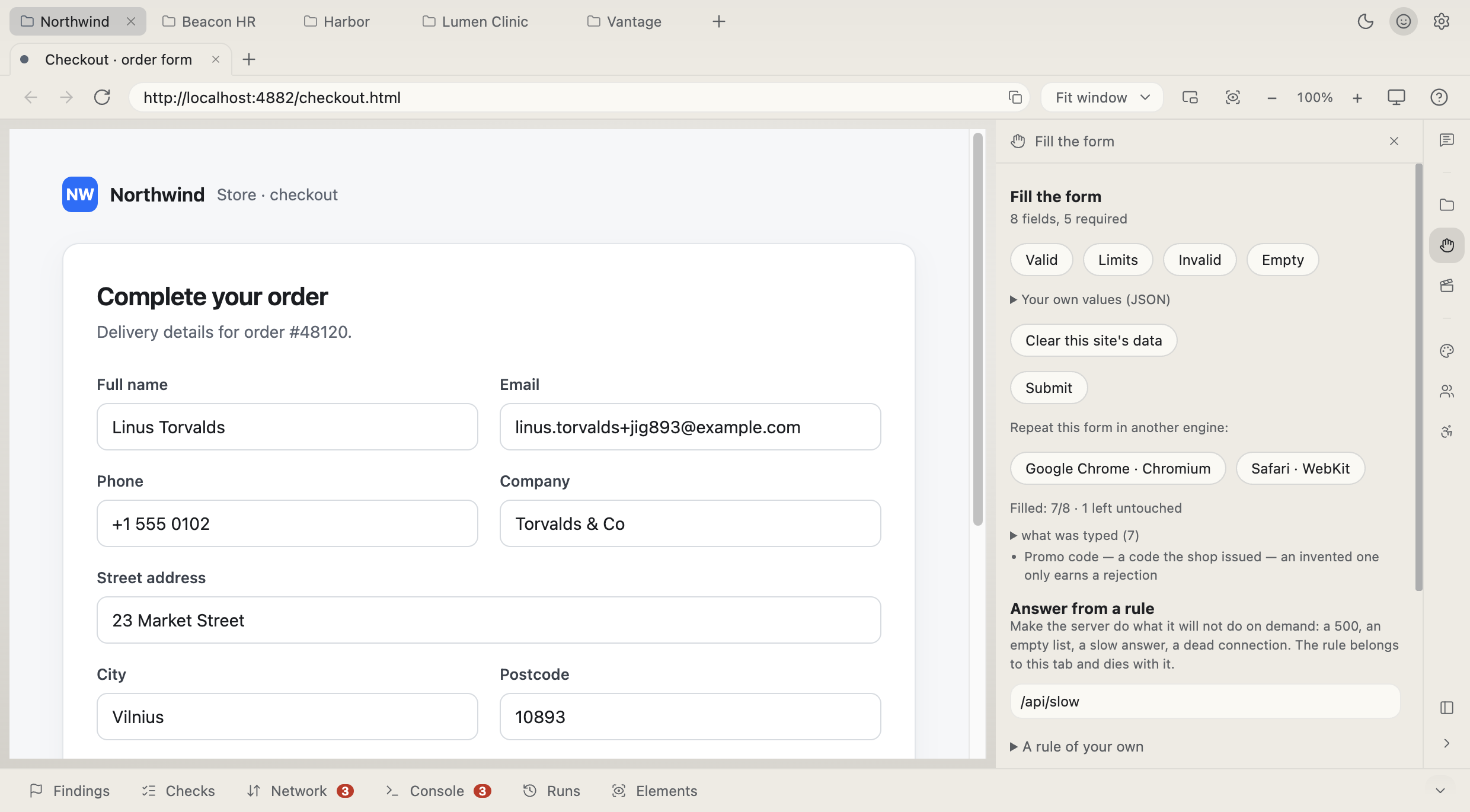 By hand — Fill by set — plausible, the declared limits, what validation must refuse, or everything empty. Lists and consent ticks stay yours, named field by field.