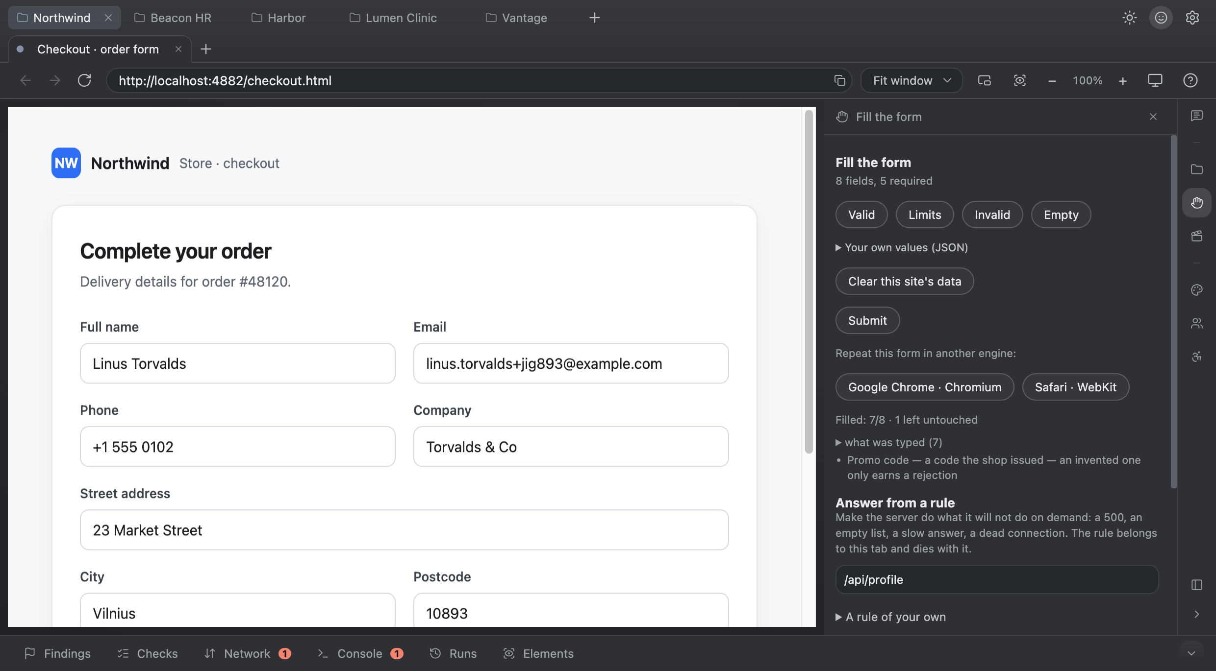 By hand — Fill by set — plausible, the declared limits, what validation must refuse, or everything empty. Lists and consent ticks stay yours, named field by field.
