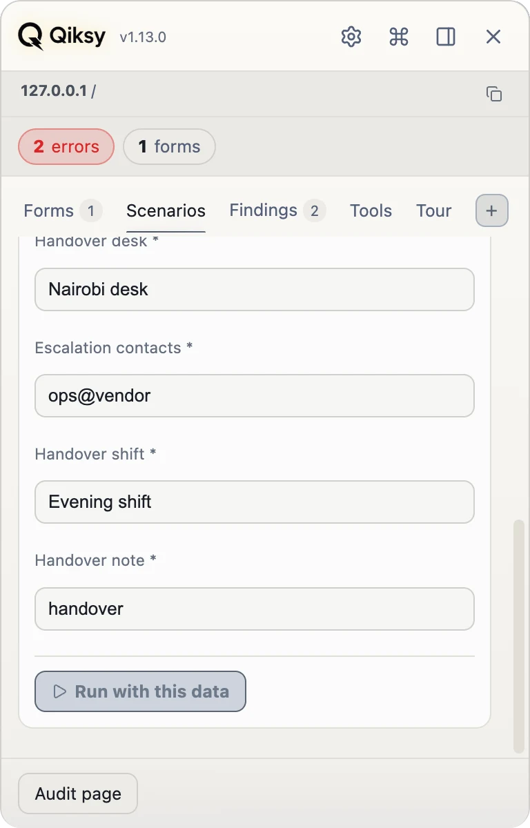 Qiksy Scenarios — the run's data as a plain list of fields