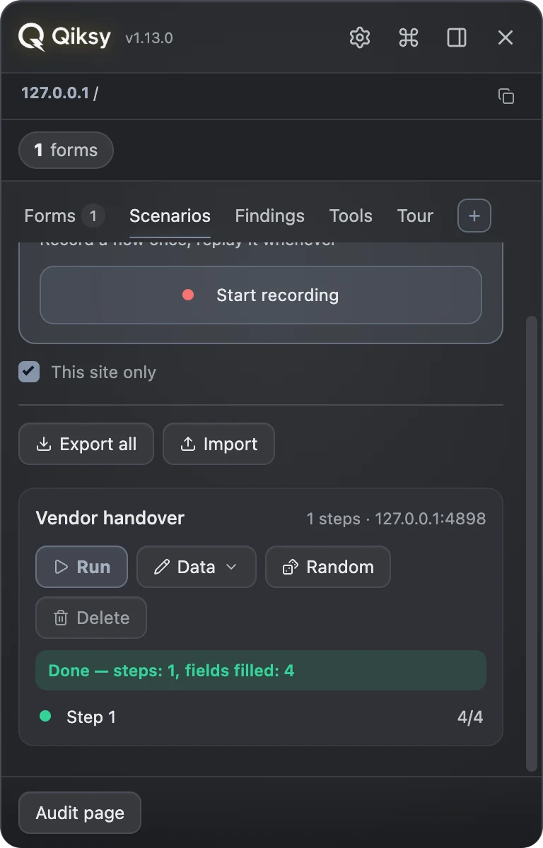 Qiksy Scenarios — the verdict after a run, step by step