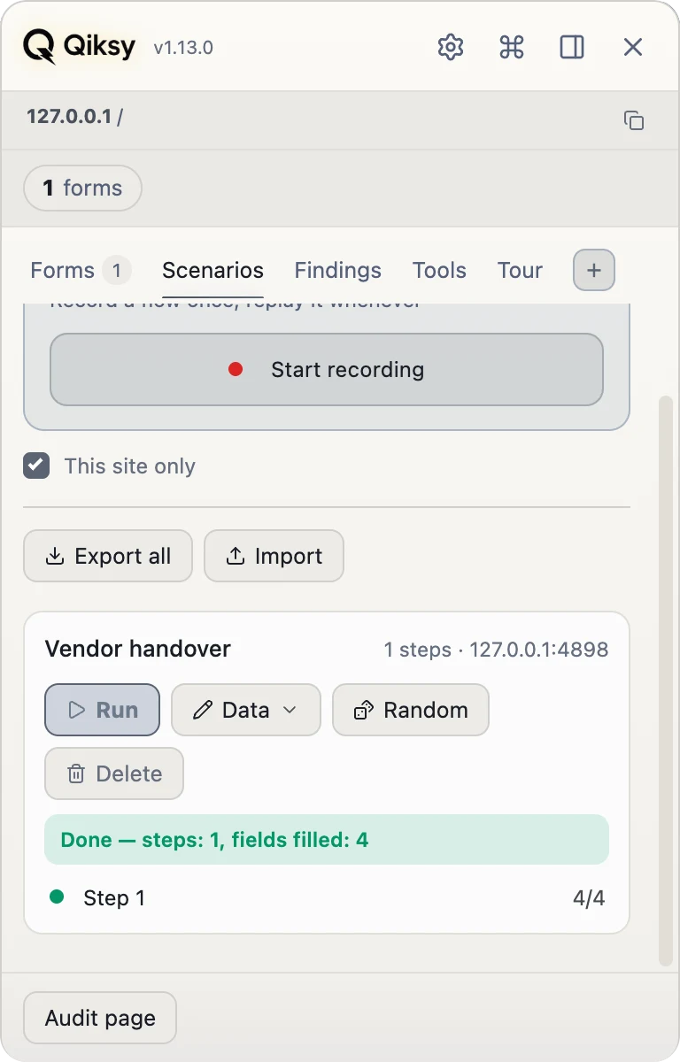 Qiksy Scenarios — the verdict after a run, step by step